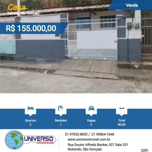 Casa para Venda em São Gonçalo, Tribobó, 2 dormitórios, 1 banheiro, 2 vagas