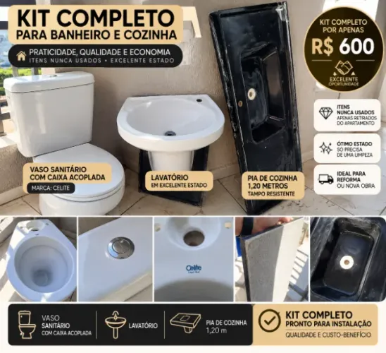 Kit Banheiro e Cozinha Celite - Vaso + Lavatório + Pia 1,20m
