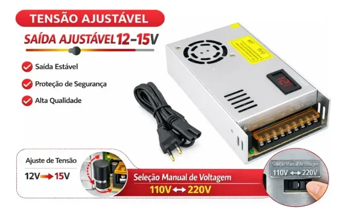Fonte Chaveada Automotiva 13.8V 90A Para Caixa Bob Som Bivolt + Cabo