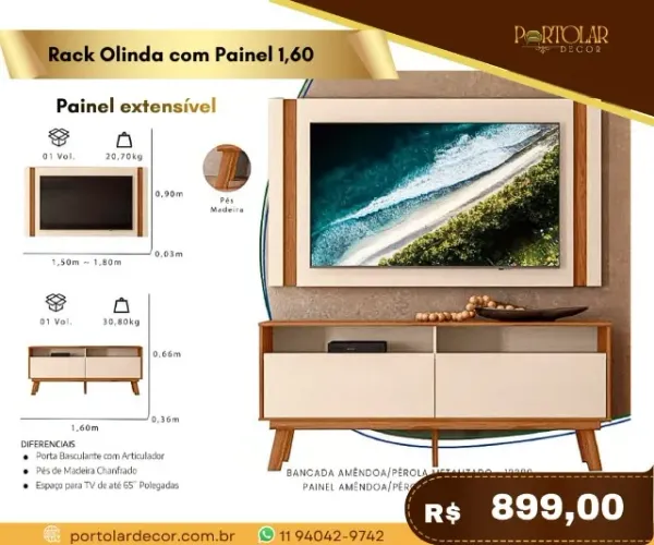 Rack Olinda com Painel 1,60 a pronta entrega 
