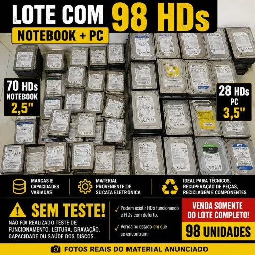 Lote 98 HDs Notebook + PC 2,5" e 3,5" - Sucata - Sem Teste