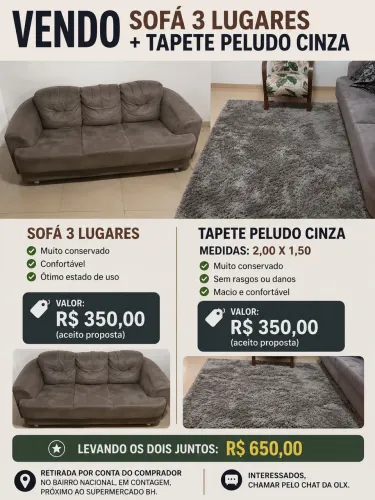  Sofá 3 Lugares + Tapete Peludo Cinza 2,00 x 1,50 