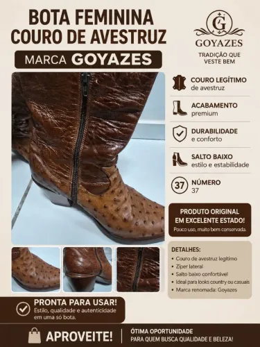 Bota Feminina Goyazes Couro de Avestruz Original Nº 37