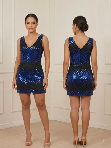 Vestido paetê azul e preto