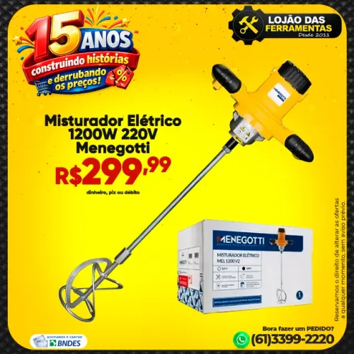 Misturador De Argamassa Tinta Elétrico 1200w Menegotti Mel1200