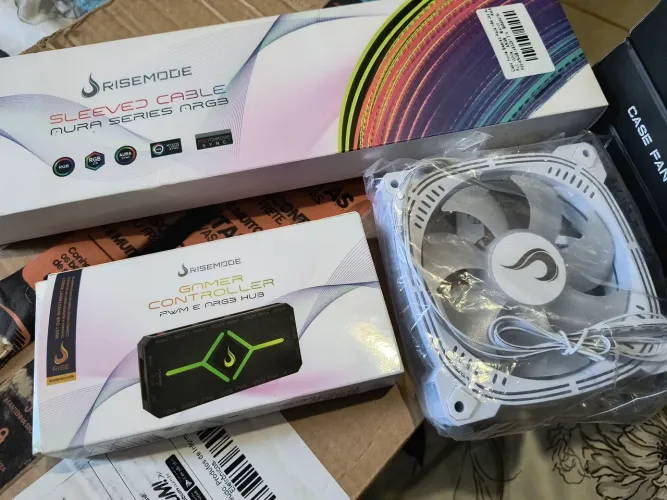 Kit 10 fans rise mode argb, controladora e cabo sleeved 24 pinos argb