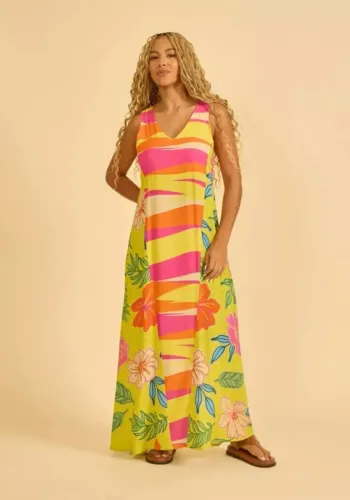 Vestido Longo Estampa Flores Cítricas Amofrida Tamanho:G