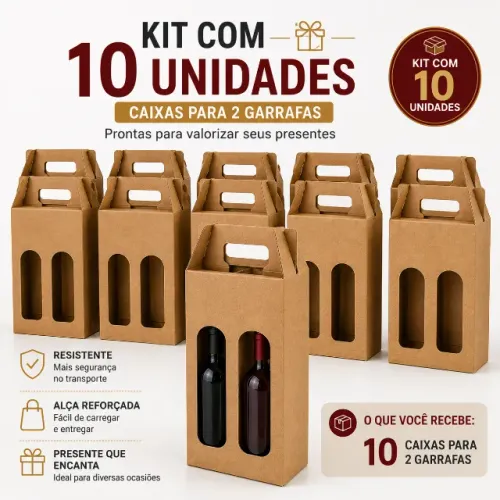 Kit 10 Caixas Para 2 Vinhos Com Visor Kraft 34 cm 