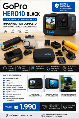 GoPro HERO10 Black 5.3K + Kit Completo de Acessórios - Impecável