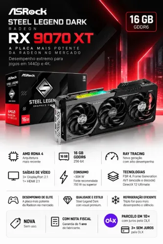 Placa de vídeo rx 9070 xt asrock steel Legend 16gb NOVA COM NOTA GATANTIA