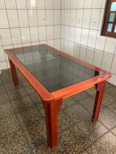Mesa de Jantar 6 Lugares Madeira Maciça Tampo de Vidro