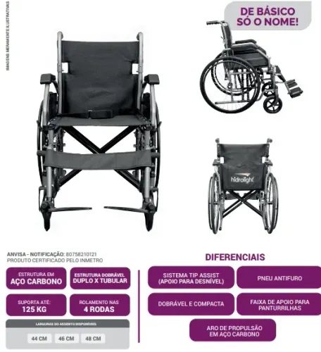 Cadeira De Rodas Em Aço Dobrável 125 Kg Basic Hidrolight Cor 44 Cm