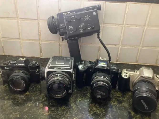 Lote Câmeras Analógicas e Filmadora Vintage (Hasselblad Revisada, Canon, Nikon e Sankyo)