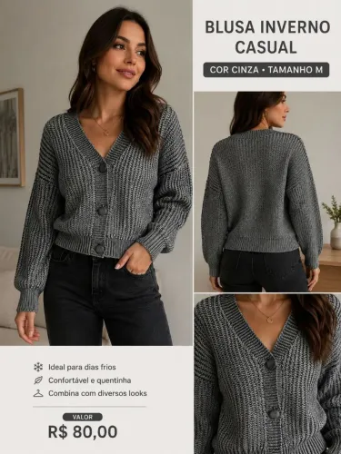 Blusa inverno casual na cor cinza, tamanho M