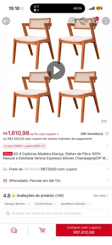 Kit 4 Cadeiras Madeira Maciça de Fibra Verona NOVAS OPORTUNIDADE R$1600 faço 1500 à vista!