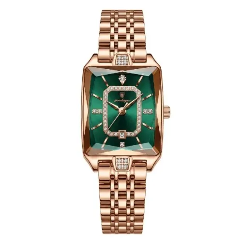 Relógio Feminino Estilo Luxo Pulseira Aço Borboleta Rosê Verde Acompanha Caixa Original 