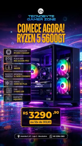 PC Gamer Ryzen 5 5600GT/ 16GB Ram/ SSD 480GB/Gabinete Aquário com 5 Fans LED