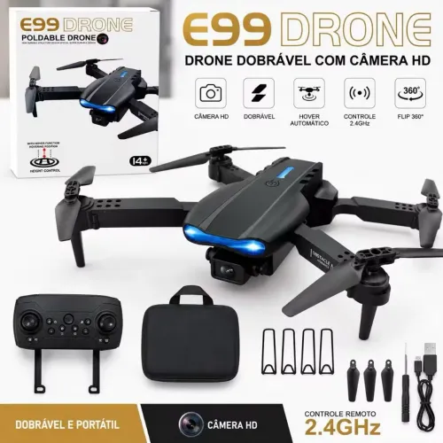 Drone E99 Câmera HD 4K Controle Remoto 2.4GHz Completo Dobrável com Maleta e Acessórios