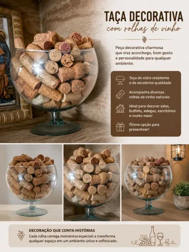 Decoração taça de vidro com rolhas de vinho
