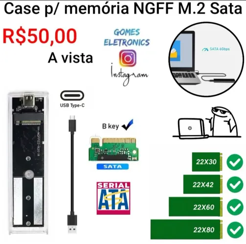 Case para Ssd M.2 Sata ngff Transparente, gaveta para memória sata (Loja fisica)