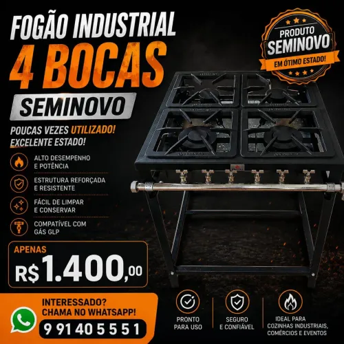 Vende-se um fogão industrial 4 bocas seme novo. Parcelamos no ? Whatsapp *