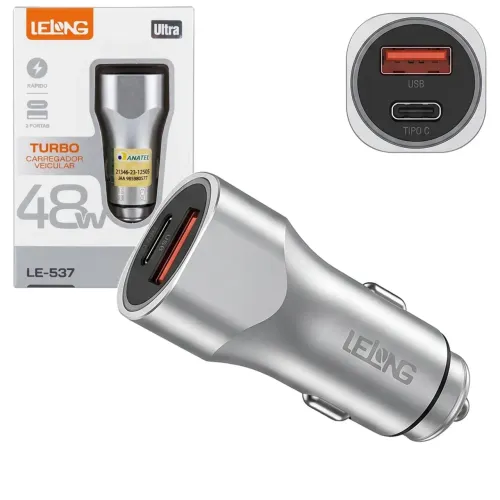 Carregador Veicular Turbo 48W com 2 Saídas USB e Tipo-C Lelong