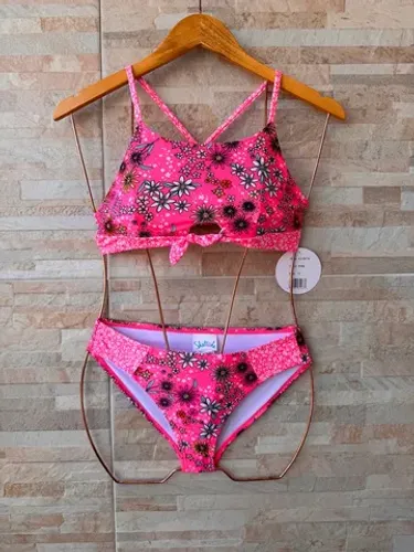 Biquíni infantil rosa com estampa floral, tamanho 12 anos.