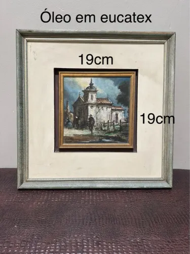 Quadro Óleo em Eucatex Igreja 19x19cm Moldura