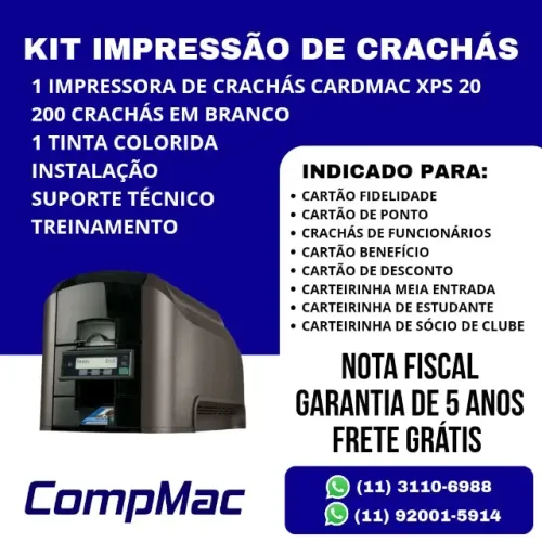 Impressora de Crachá de Funcionário Cartão de Ponto CardMac XPS 20 Cartões Crachás PVC