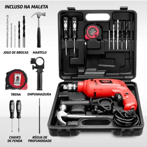 Furadeira de Impacto Mondial 650W 2 Velocidades - 3/8? com Maleta 11 Peças NFFI-07M