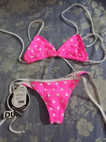 Biquini Rosa com Bolinhas Brancas M