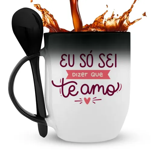 Caneca Mágica c/ Colher Namorados Preta Personalizada