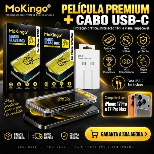 PELÍCULA PREMIUM + CABO USB-C PARA IPHONE 17 PRO / PRO MAX