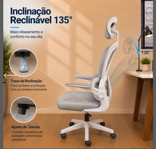Cadeira de escritório Ergonômica Blidshop Branca e cinza