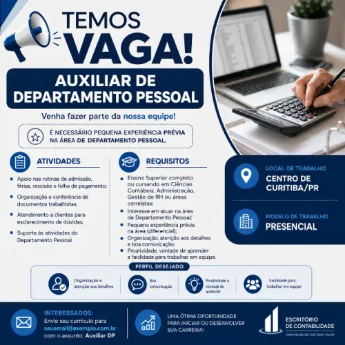 Vaga: Assistente de DP (Escritório de contabilidade)