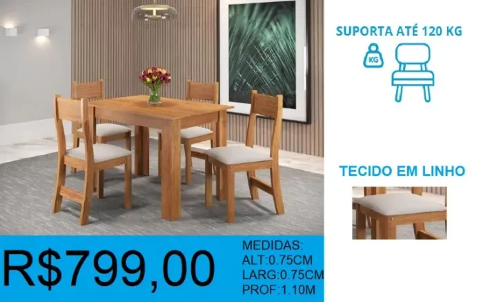 Mesa c/ 4 cadeiras alt: 75cm prof: 1,10m larg: 75cm - frete gratuito!