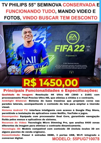 SMART TV PHILIPS 55" SEMINOVA CONSERVADA E FUNCIONANDO TUDO PERFEITAMENTE TODA BOA 