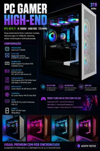 PC GAMER HIGH-END | RTX 4070 Ti + i5 13600K | 64GB RGB | 3TB NVMe