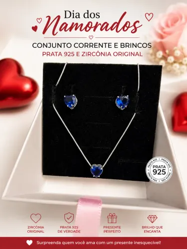 DIA DOS NAMORADOS! CONJUNTO CORRENTE E BRINCOS PRATA 925 E ZIRCÔNIA 
