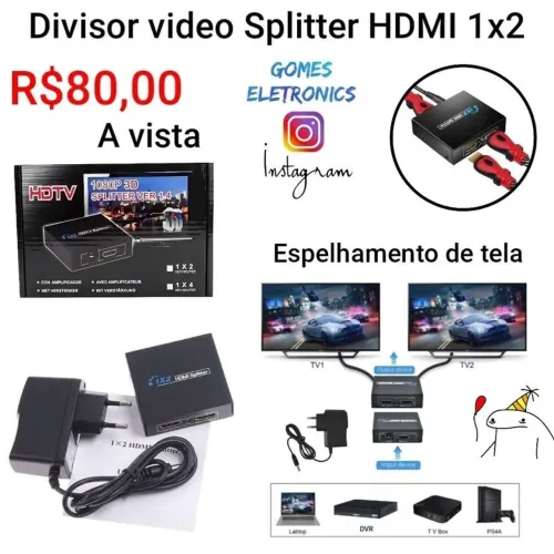 Splitter HDMI Conversor Divisor Hdmi 1x2 (Loja Fisica)