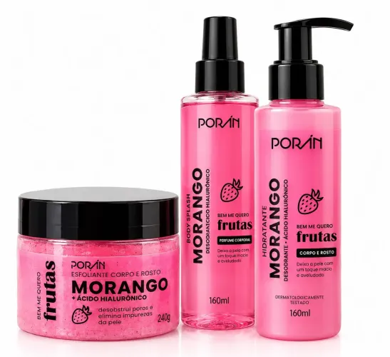 Kit Esfoliante, Hidratante e Body Splash Porán Morango