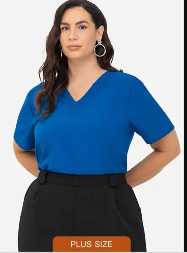 Blusa Plus Size Azul Feminina G4 Casual Confortável Azul Lisa G4
