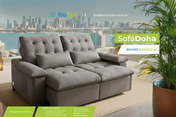 Estofado Doha retrátil e reclinável Bio flex. Chama *29 <br><br>R$ 3.399,00<br><br>Código 1624