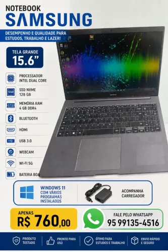 Notebook Samsung book com tela de 15.6 polegadas, ssd nvme de 128 gigas, bateria boa