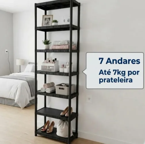Armário Estante Plástica 7 Andares Multiuso Organizadora Prateleira - Fácil Montagem Preta