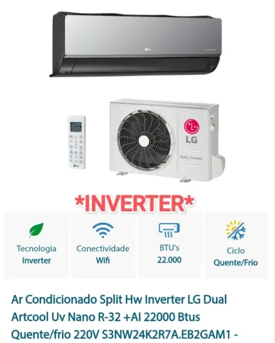 Ar Split LG Dual Inverter Artcool 24000 BTUs + Nota + Garantia+ Cartão até 12x