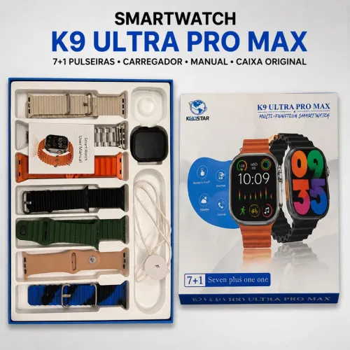 Smartwatch K9 Ultra Pro Max + 7 Pulseiras + Carregador Magnético