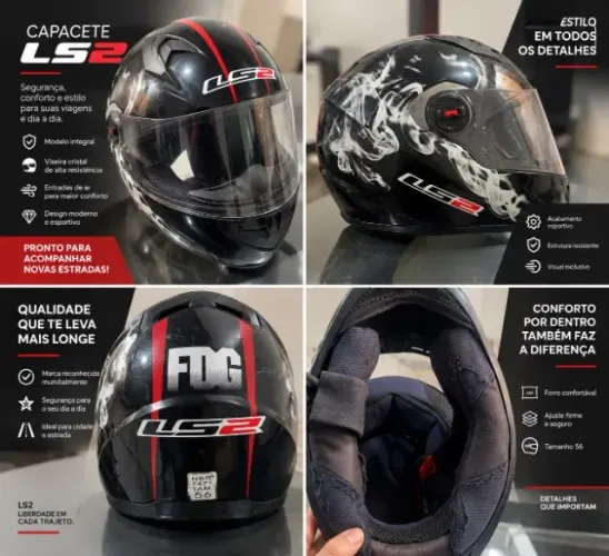 Capacete LS2 Integral Tamanho 56 Preto e Vermelho