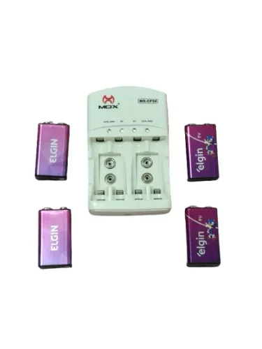 4 baterias recarregáveis Elgin 9v + carregador MOX MO-CP50