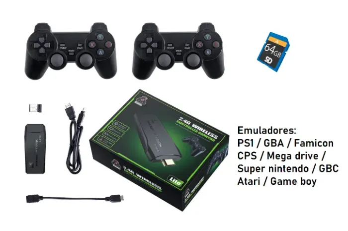 game stick 9 consoles em 1 - 64gb - 10 mil jogos + 2 controles sem fio